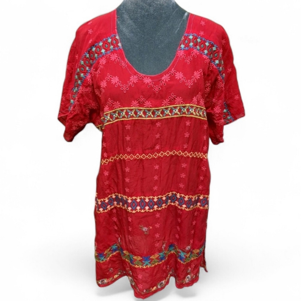 0802 Johnny Was Red Embroidered Short Sleeve  Top